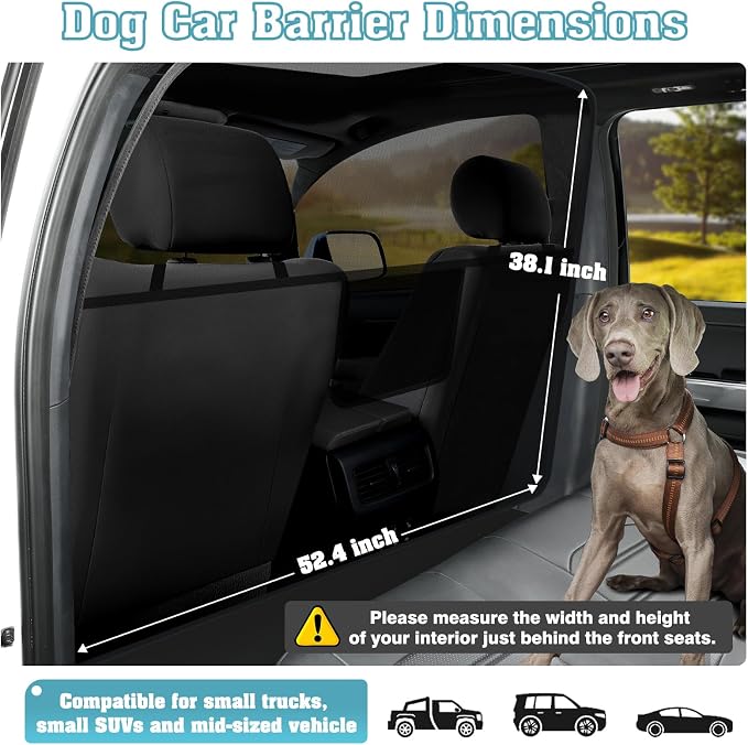 Mixsuper Dog Car Barrier, 52.4" Wide, Car Divider for Midsized Pickup, Midsized SUV and Car, One-Piece Escape-Proof Back Seat Mesh Dog Car Net Barrier Black - Image 2