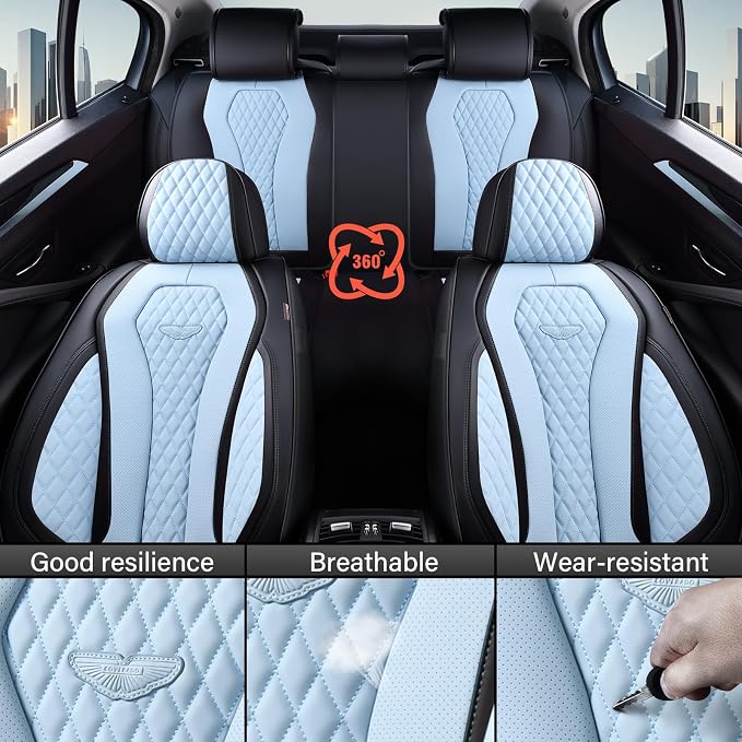 Coverado Auto Seat Covers, Car Seat Covers Full Set, Blue Car Seat Cover, Driver Seat Covers Front Seats Rear Seat Cover, Luxury Car Seat Cushion,Leather Seat Cover Seat Protector Fit for Most Cars - Image 6