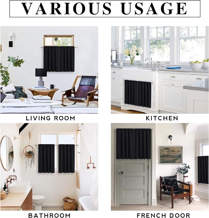 RYB HOME Blackout French Door Window Curtain Coverings, Rod Pocket | Thermal Insulated, Privacy Protection, Non See Through, Drapes for Small Window Bathroom Kitchen, W29 x L45, Black, 2 Panels - Image 7