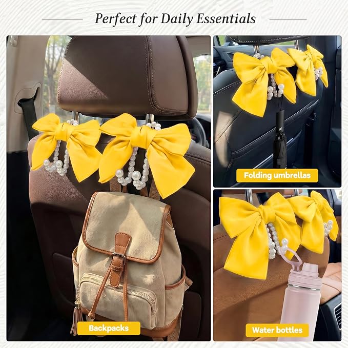 2PCS Satin Bow Pearl Car Seat Headrest Hooks – Car Bag Holder & Vehicle Hanger for Purses – Cute Coquette Aesthetic Interior Decoration – Cute Auto Organizer Accessories Universal (Sunshine Yellow) - Image 3