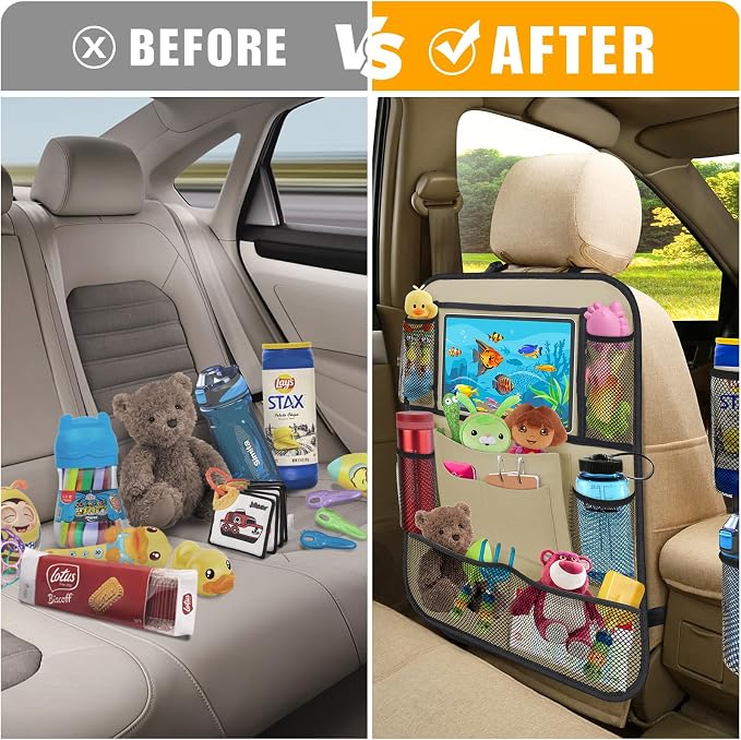 Backseat Car Organizer w/ 10 Storage Pockets 11" Tablet Holder, 2 PCS Beige | Car Organizers and Storage Kick Mats Back Seat Protector w/ Touch Screen Tablet Holder for Kids Toddlers, Travel Accessories - Image 3