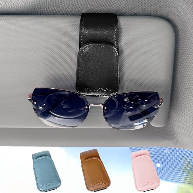 TILDOSAC Sunglasses Holder for Car Visor, Leather Magnetic Sunglass Holder for Car with Clip, Black - Image 2