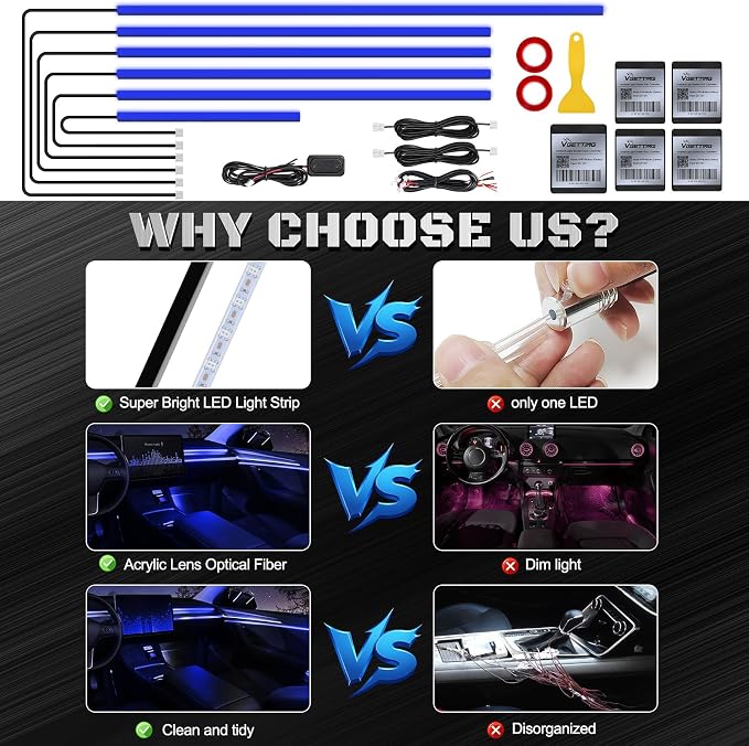 RGB Acrylic Interior Car LED Strip Light with Wireless APP, Car Accessories 6 in 1 with 175 inches 593 LEDs Fiber Optic Ambient Lighting Kits, Dynamic Music Sync Neon LED Strip Light for Car - Image 5