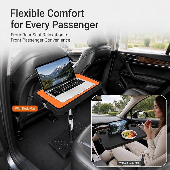 Adjustable Car Seat Tray Table with Orange Desk Mat, Foldable Car Desk | Back-seat travel tray with a cup holder, phone slot, and storage groove for laptops, meals, and everyday use on the road. - Image 6