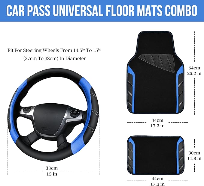 CAR PASS Leather Steering Wheel Cover and Waterproof Car Floor Mats,Microfiber Universal Car Combo Fit for 95% Sedan,SUV,Cars,14.5-15inch Sporty Anti-Slip Safety Comfortable Design(Black＆Blue) - Image 4
