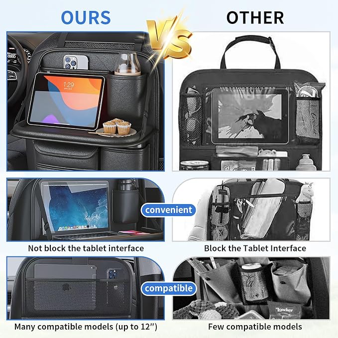 Car Backseat Organizer with Foldable Table Tray,Hanging Storage Bag with Touch Screen Phone Holder,Premium PU Leather Material,Compatible with Most Vehicles,Inner Car Accessories - Image 5
