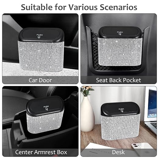 Accmor Bling Car Trash Can with Lid, Mini Auto Garbage Storage Bin with 60pcs Garbage Bags, Sparkling Crystal Trash Bags Holder Dustbin Vehicle Accessories Container Organizer (White Rhinestone) - Image 7