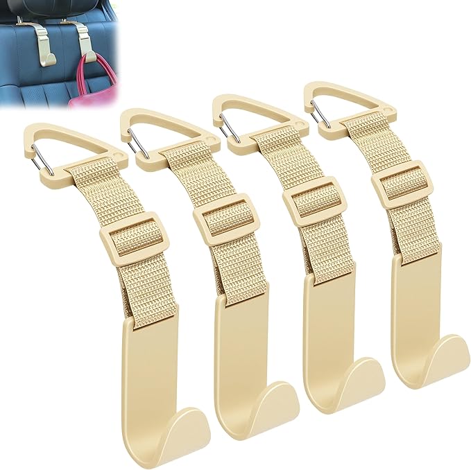 Amooca 4 Pack Anti-drop Headrest Hooks Adjustable Car Seat Organizer | Universal Fit with Clip, Hanger for Backpack Umbrella Water Bottle Coat Purses Handbags Groceries, 40lb Heavy Duty, Beige by Amooca