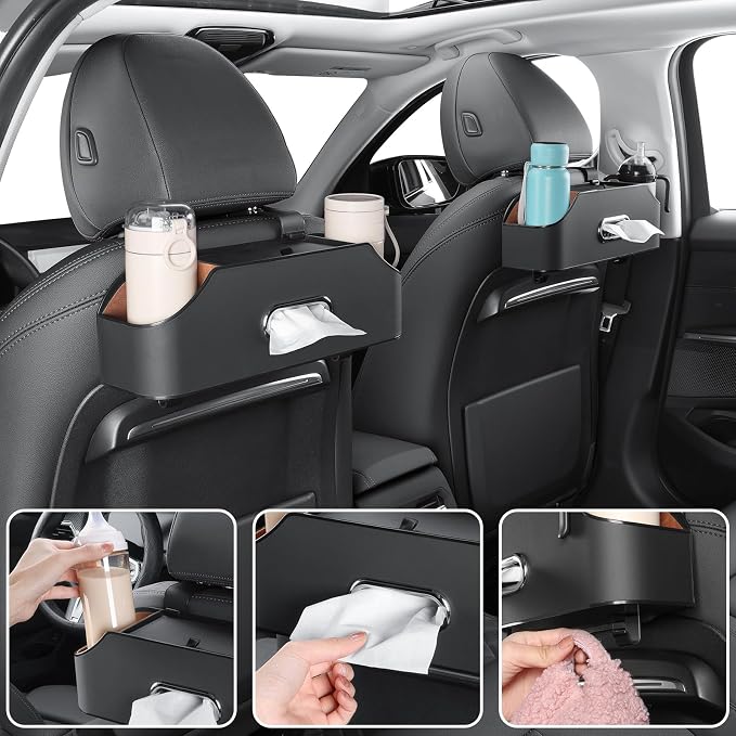 Car Seat Back Cup Holder, 4-in-1 Multifunctional Backseat Organizer with Tissue Box Storage & Hooks (Black) - Image 5