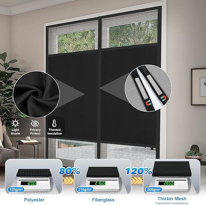 Magnetic Screen Door 72"x80" Blackout – Privacy Protection, Powerful Magnets, Heavy Duty Thicker 265g/㎡ Mesh, Easy Install, Self-Sealing, Pet Tested, Tie Backs, Screen Door Mesh - Image 5