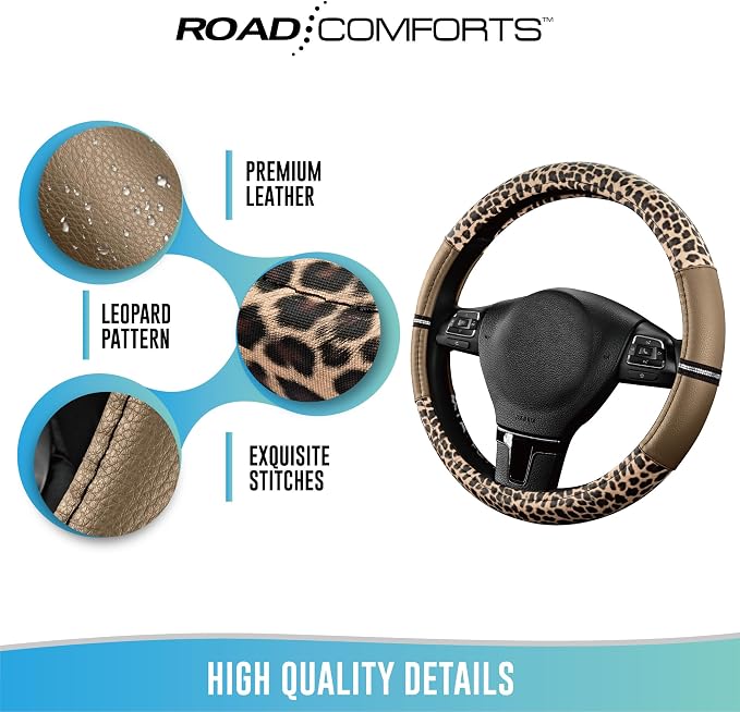 Road Comforts Leopard Steering Wheel Cover for Women, Cute Anti-Slip Microfiber Leather, Universal Fit 14.5-15 Inch Round Steering Wheel - Beige - Image 7