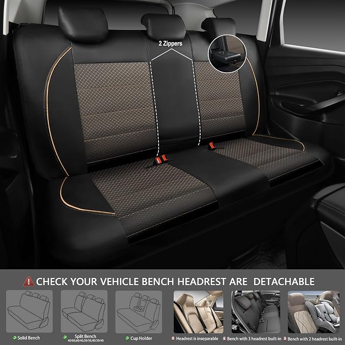 CAR PASS Piping PU Leather Car Seat Cover Full Set,Inside Zipper Design and Reserved Opening Holes,Airbag Compatible,Universal FIT for Car, SUVs,Van,Small Trucks（Full Set, Black & Gold） - Image 4