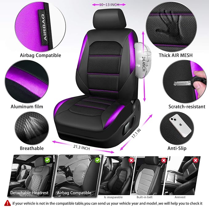 CAR PASS Memory Foam Car Seat Covers,Air Cool Mesh Thick Seat Covers Front Seats,Purple Metal Film Leather Seat Cover for Car,Universal Comfort for Most Car,Truck,Airbag Compatible,Black Purple - Image 4