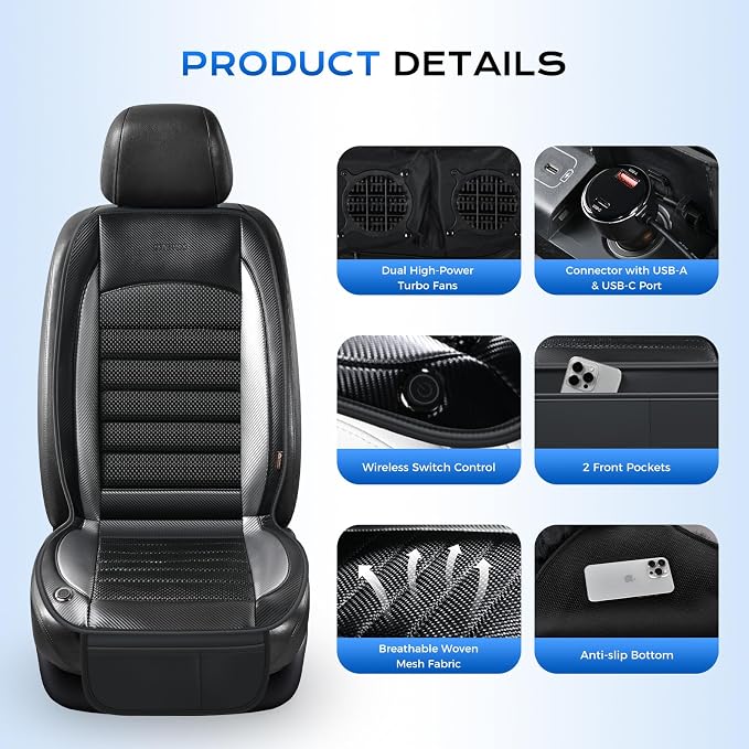 Coverado Cooling Car Seat Cover, Ventilated Seat Cushion with Dual Turbo Fans, 3 Wind Speed, Built-in USB Ports, Breathable Mesh & Carbon Fiber Fabric, Cooled Seat Cover Universal Fit for Cars, Gray - Image 2
