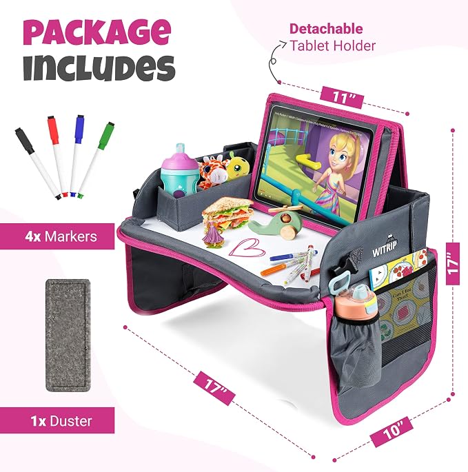 Kids Travel Tray with Dry Erase Board - Car Seat Tray for Kids Travel, Carseat Table Top for Toddler, Lap Desk for Car Seat, Activity Organizer & Snack Holder, Road Trip Essentials for Kid (Pink) - Image 2