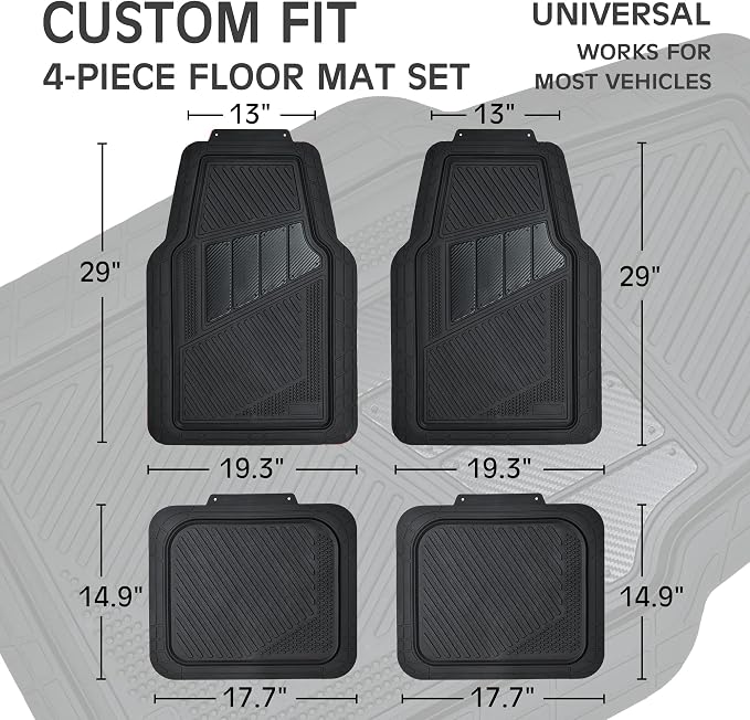 CAR PASS Heavy Duty Rubber Floor Mats 4-Piece Car Mat Set - Universal Waterproof Carbon Fiber Floor Mats for Car SUV Truck, Durable All-Weather Mats(Black) - Image 2