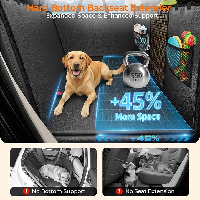 URPOWER PU Leather Back Seat Extender for Dogs, Hard Bottom Dog Seat Cover | Supports 550 lbs, Stable 3-Panel Hard Bottom, Added High-Density Foam for Comfort, 100% Waterproof, 45% More Space - Image 2