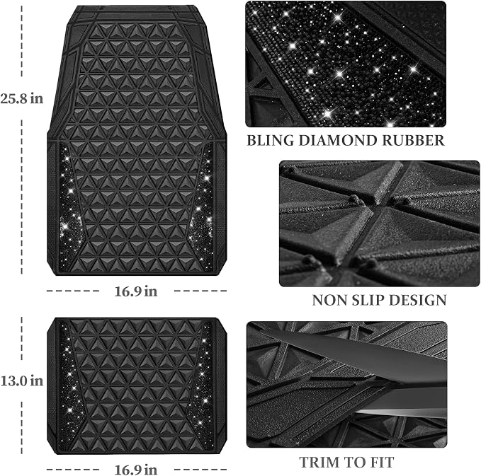 CAR PASS Bling Diamond Car Mats Rubber Floor Mats Full Set Anti-Slip 3D Rhombus Waterproof Trim to Fit Liner Universal Glitter Crystal Sparkly Shining Rhinestone Girl Women SUV Sedan, Black Diamond - Image 4
