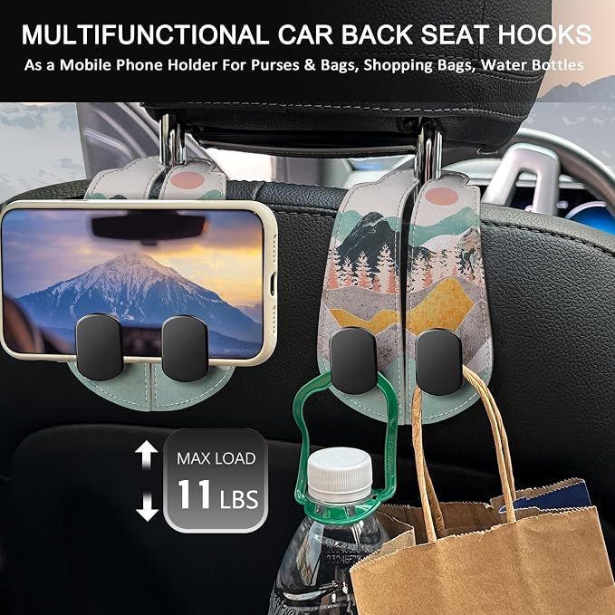 Blusabaca 2PCS Car Seat Headrest Hooks, Purses Bags Holder, Sunrise | PU Leather, Double Metal Back Storage Hangers for Grocery Bags Handbags Bottles Coats Phones, Car Accessories Organization - Image 3