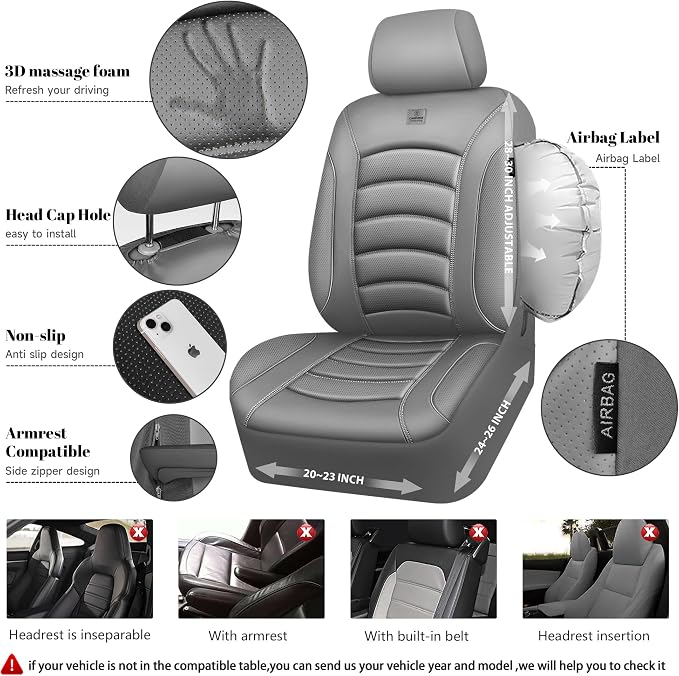 CAR PASS 3D Foam PU Leather Car Seat Covers, Universal Seat Covers Full Sets for Trucks SUV Sedan Automotive Seat Covers Armrest Airbag Compatible Waterproof Comfortable Faux Nappa Leather All Gray - Image 7