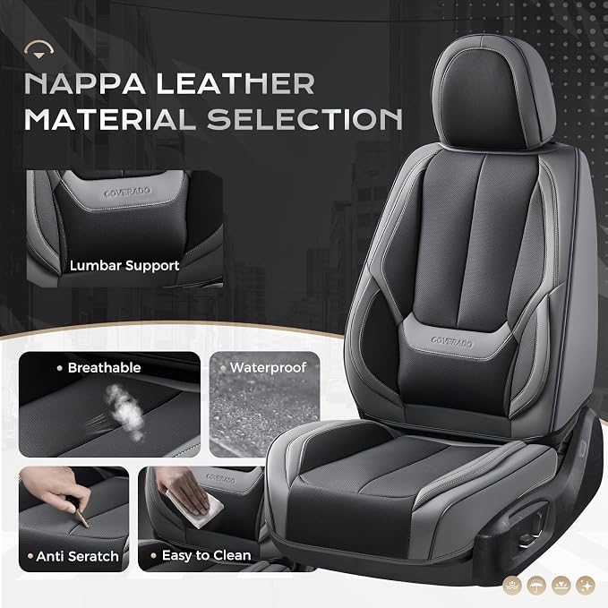 Coverado Car Seat Covers Full Set, Car Seat Protector Waterproof, Nappa Leather Car Seat Cushion, Seat Covers for Cars, Front Seats and Back Universal Fit for Most Cars - Image 3