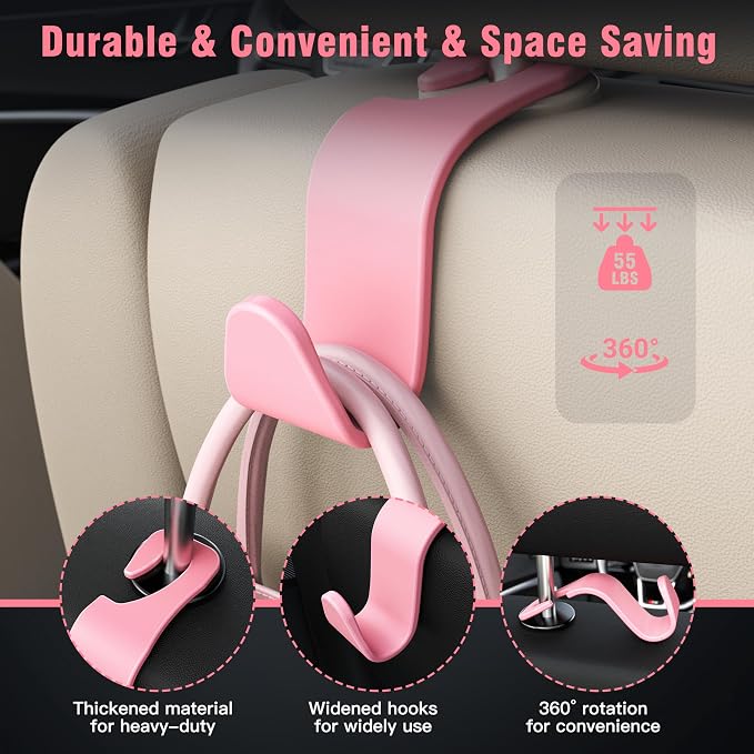 4-Pack Car Headrest Hooks Holds 55lbs Seat Storage Organizer for Bags | Durable ABS Material, 360° Rotating, Car Hanger for Backpack Umbrella Water Bottle Coat Purses Handbags Groceries, Pink - Image 4