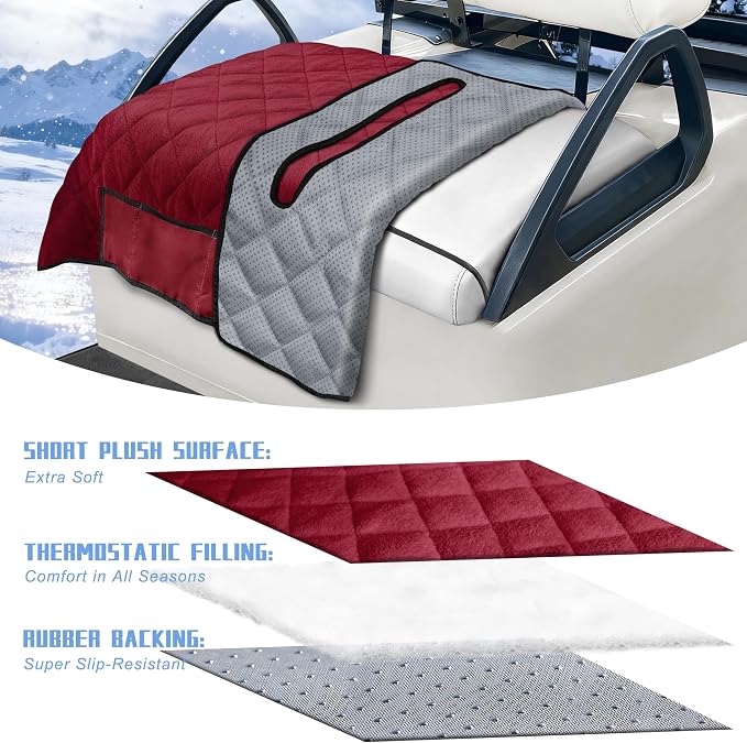 YOKYHOM Golf Cart Seat Covers with 4 Front Pockets, Thick Seat Towel Blanket with Non-Slip Backing, Fits EZGO, Club Car, Yamaha and More 2 & 4 Passenger Golf Carts, Red - Image 2