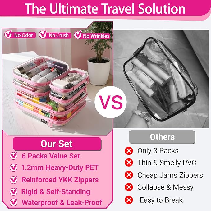 YQBRAO Clear Hard Shell Zipper Cases, 6 Multi-Size Organizers, Pink | Rigid clear shells in three practical sizes organize toiletries, cosmetics, cables, stationery and household essentials - Image 2