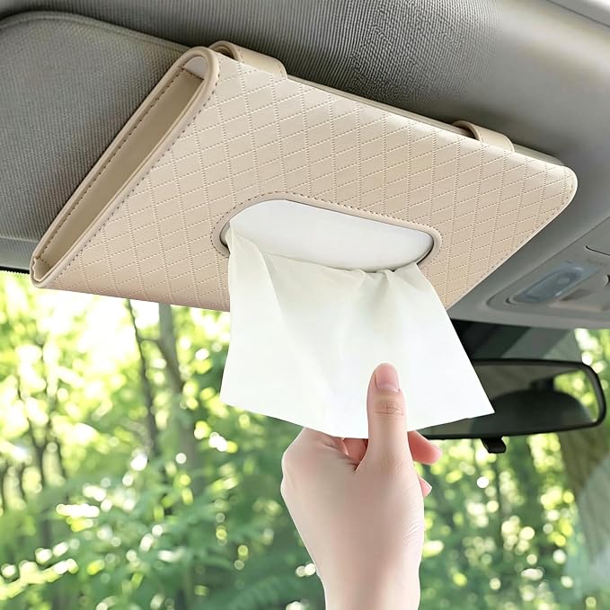 Car Tissue Holder, Universal Auto Napkin Case Beige | Car Sun Visor Napkin Box, Premium PU Leather, Mask Holder for Vehicle, with Tissue Refill, Interior Accessories by Unknown