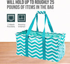 Extra Large Utility Tote Bag - Oversized Collapsible Reusable Wire Frame Rectangular Canvas Basket With Two Exterior Pockets For Beach, Pool, Laundry, Car Trunk, Storage - Chevron Teal - Image 5