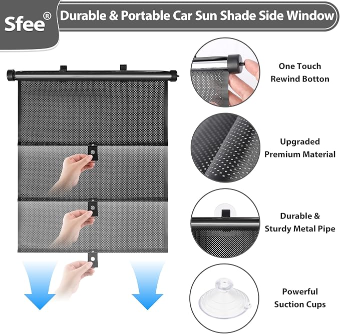 Sfee Car Window Shades for Baby-2 Pack Retractable Side Window Car Sun Shade Blocks UV Rays & Heat for Sun Protection Roller Sunshade Visor Window Shade for Kids,Passengers,Pets (20''x22'') - Image 5