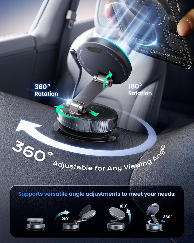 avedio links 15W Vacuum Magnetic Wireless Car Charger Mount with Adapter | 360° adjustable vacuum mount. 108+LBS suction & 3800gf magnets. 15W fast charge for iPhone 12-17 series. Adapter included - Image 8