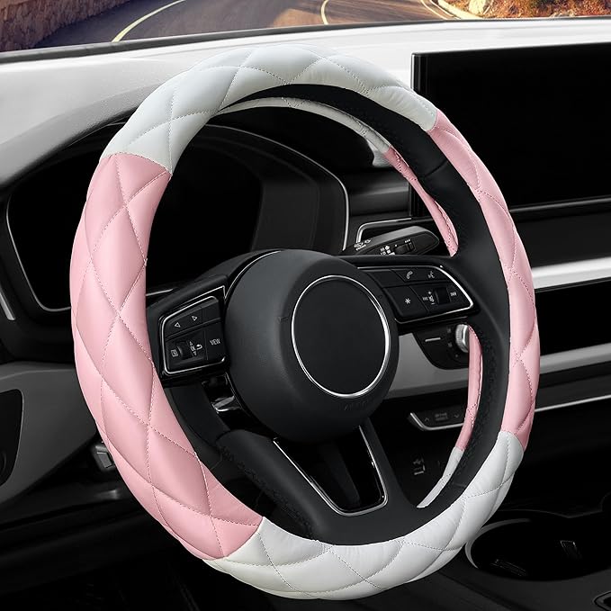 YHONGJT Cute Soft Microfiber Leather Anti-Slip Steering Wheel Cover, Universal 15 Inch for Women Girls, Fit Vehicles, Sedans, SUVs, Vans, Trucks - Light Pink and White by Unknown