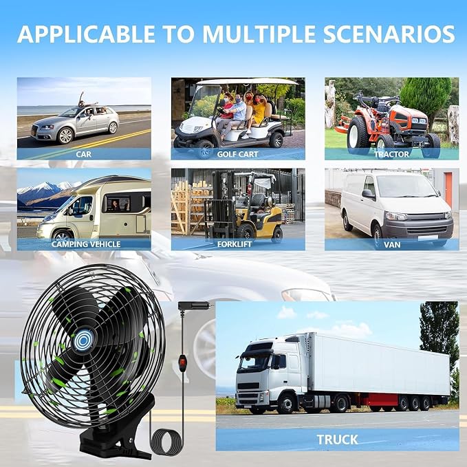 Ultra-Quiet Portable Car Fan, 8 Inch clip-on Cigarette Lighter Fan, All Metal 12V Golf Cart Fan, car seat fan, car cooling fan with Clip Cigarette Lighter Plug forTruck, Boat, Buses, Tractor,Camper - Image 6