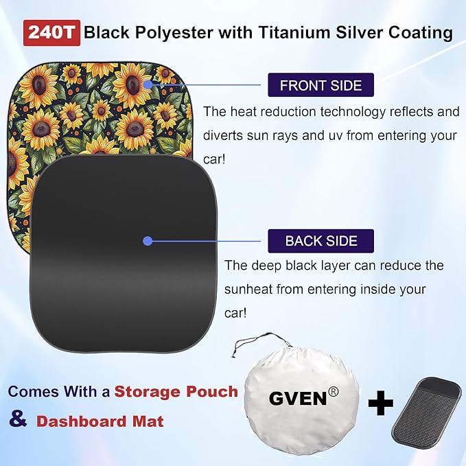 GVEN Windshield Sun Shade Car Sunshade Truck Accessories Large-Size Front Window Shades Windshield Cover Visor for Full-Size MPVs, Vans, Trucks, SUVs, Tesla (Sunflower, L) - Image 3