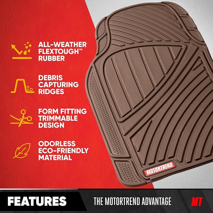 Motor Trend FlexTough Performance All Weather Rubber Car Floor Mats - 3 Piece Floor Mats Automotive Liners for Cars Truck SUV, Heavy-Duty Waterproof (Brown) - Image 2