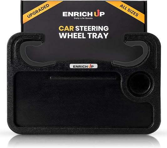 2-in-1 Steering Wheel Tray Table & Car Desk, Black Limited | Car Table Tray for Parked Laptop Work, Meals, Cup Holder Use, Wheel Covers, Pickups, SUVs, and Travel Breaks by ENRICHUP