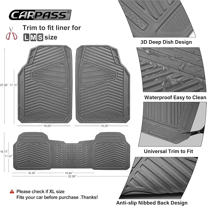 CAR PASS Rubber Car Mats, Waterproof Car Floor Mats All Weather,Car Mat Full Set 3 Piece, Grey Automotive Floor Mat Trim to Fit for Cars Sedan SUVs Trucks, Anti-Slip Easy Clean, All Gray - Image 3