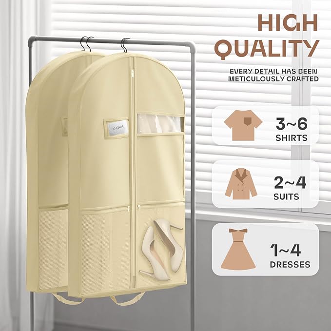Lazebox 43" Travel Garment Bag with Accessories Zipper Pocket, Heavy Duty Suit Bag for Suits, Tuxedos, Dresses, Coats, Beige, 1 pack - Image 2