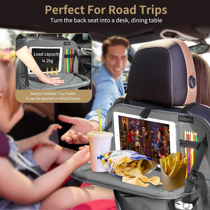 LUCMO Car Backseat Organizer with Foldable Tablet Holder, Grey | 6 Storage Pockets,Foldable Food Tray,Protectors Kick Mats,Travel Accessories,Seat Cover,Road Trip Essentials - Image 4