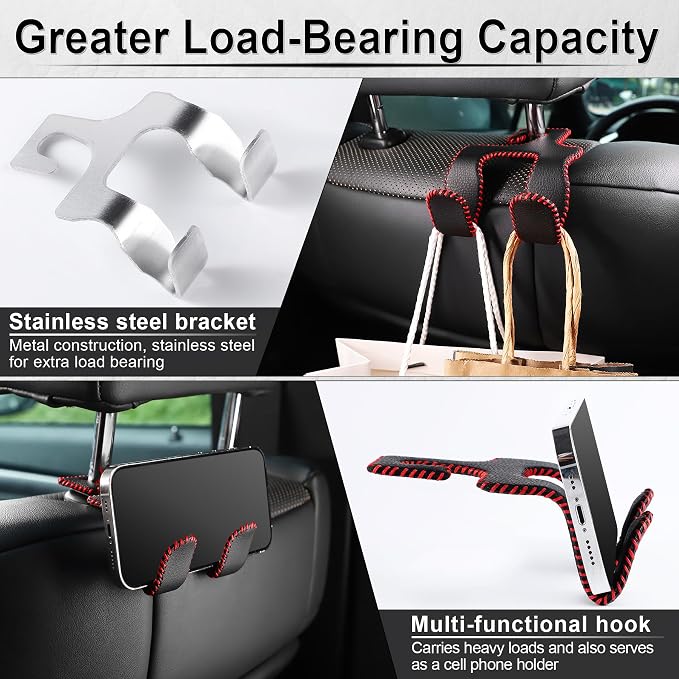 LivTee Upgraded Superior Leather Car Seat Back Headrest Hook, 2 in 1 Auto Seat Hook Hangers Holder Organization Interior Accessories for Purses Coats Umbrellas Grocery Bags Handbag (Black/Red) - Image 4