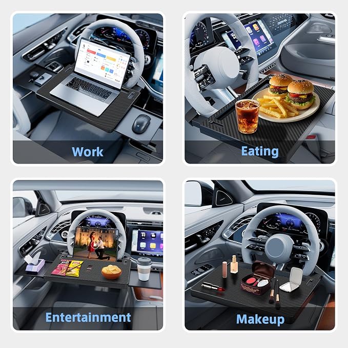Steering Wheel Tray, Car Food Tray, Car Desk for Laptop, Carbon Fiber Look Multipurpose Car Table for Eating & Work, Adjustable Car Tray with Drawer and Anti-Slip Protective Adhesive - Image 2