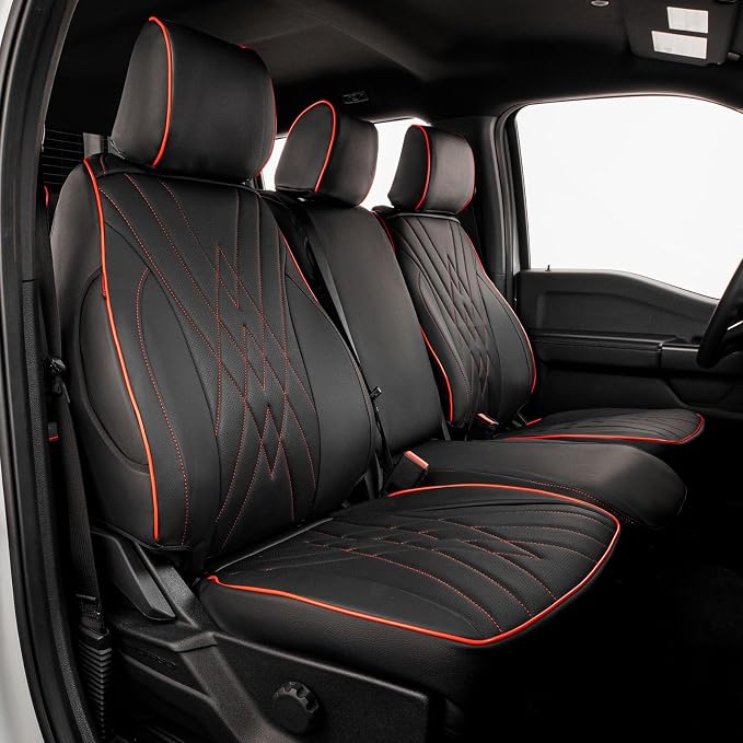 EKR F150 Seat Covers Custom Fit for (2 Door,SuperCab/Extended Cab) 2015-2020 Ford F150 XL/XLT/Lariat & 2017-2022 F250/F350 SuperDuty XL/XLT/Lariat Full Set-Faux Leather(Black with Red Trim) by EKR