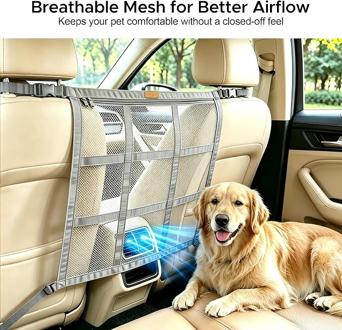 KINIVA Dog Car Barrier, Upgraded 22.4"x22.6" Pet Barrier for Cars, Heavy Duty Mesh Dog Net Between Front Seats, Double-Layer Pet Divider with Leather Logo, Universal Fit for SUV Sedan Trucks (Grey) - Image 5