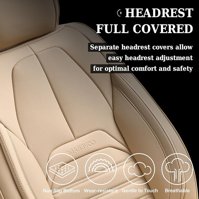 Car Seat Covers Full Set, Beige Seat Covers for Cars, Automotive Seat Covers, Waterproof Nappa Leather Front Seats and Back Car Seat Protector, Universal Fit for Most Cars SUV Trucks - Image 6