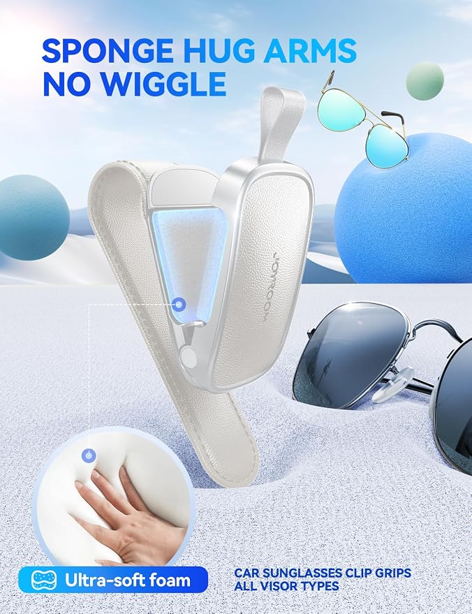 JOYROOM Magnetic Leather Sunglass Holder for Car Visor - White | One hand magnetic glasses holder for car visor clip, Soft leather lining protects frames, fits all auto sunglasses. - Image 4