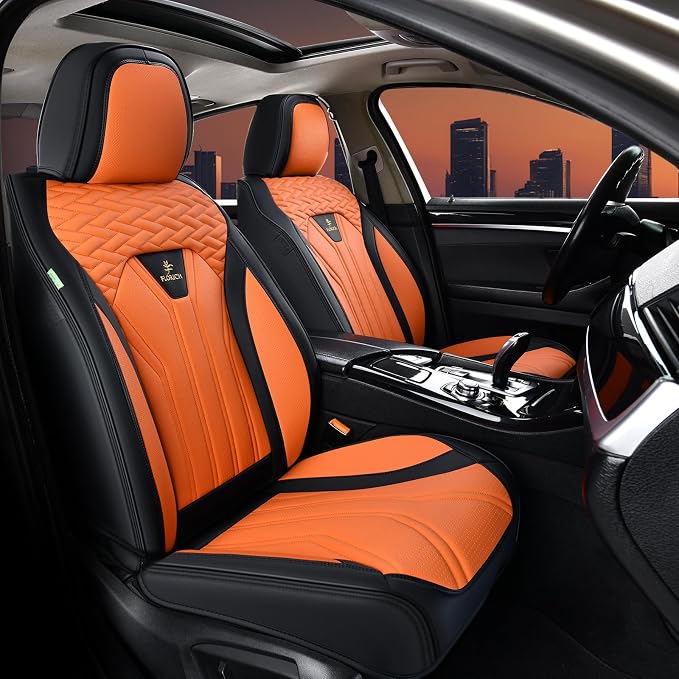 Leather Seat Covers, Car Seat Covers Full Set, Car Seat Protectors 5 Seats, Automotive Seat Covers Driver Seat Covers Fit for Most Cars Trucks SUV-Black&Orange - Image 2