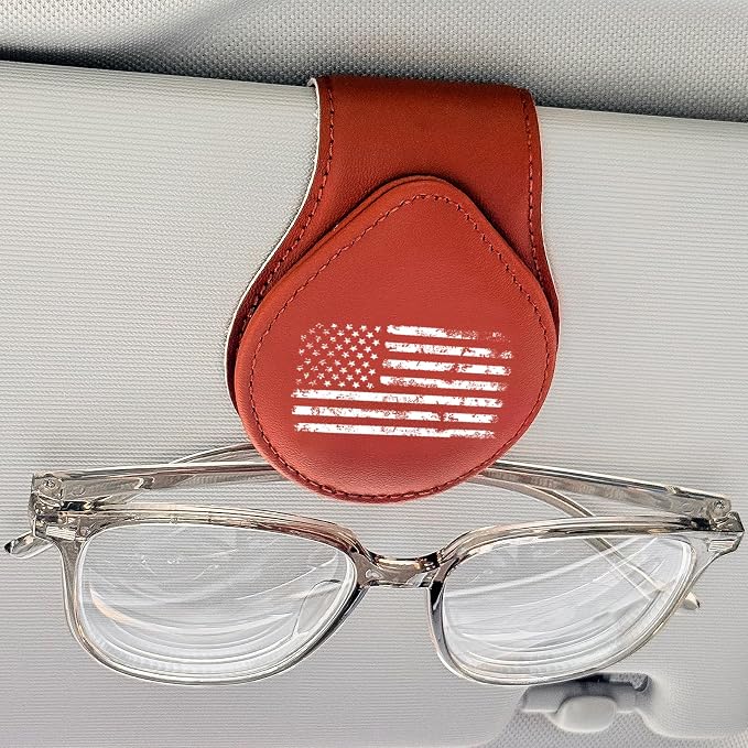 American Flag - Car Sunglass Holder, Magnetic Leather Eyeglass Hanger Mount Clip Holder for Car Visor Accessories (Brown) | Magnetic Leather - Image 2