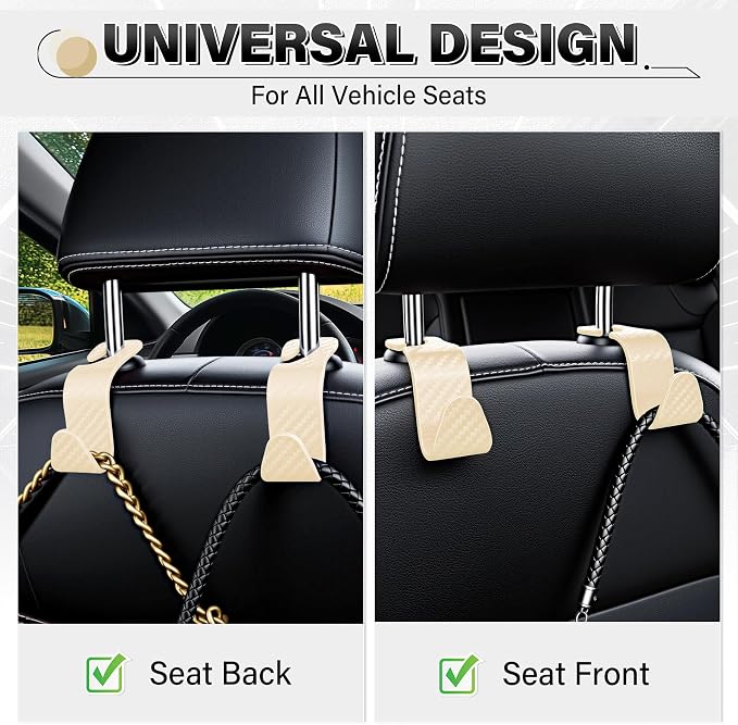 SINGARO Universal 2 Pack Car Seat Headrest Purse Hook, Carbon Fiber Back Seat Hook Storage Organizer Hanger for Purse Handbag Coat, Car Interior Accessories(Beige) - Image 4