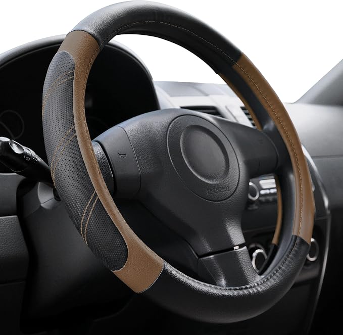 Elantrip Leather Steering Wheel Cover 15 1/2-16 inch Universal Padded Soft Grip Breathable for Car Truck SUV Jeep Anti Slip Brown by Elantrip